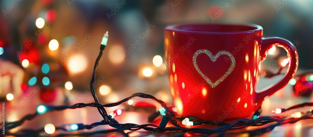 Poster cozy red mug with heart design surrounded by colorful christmas lights creating a festive and warm h