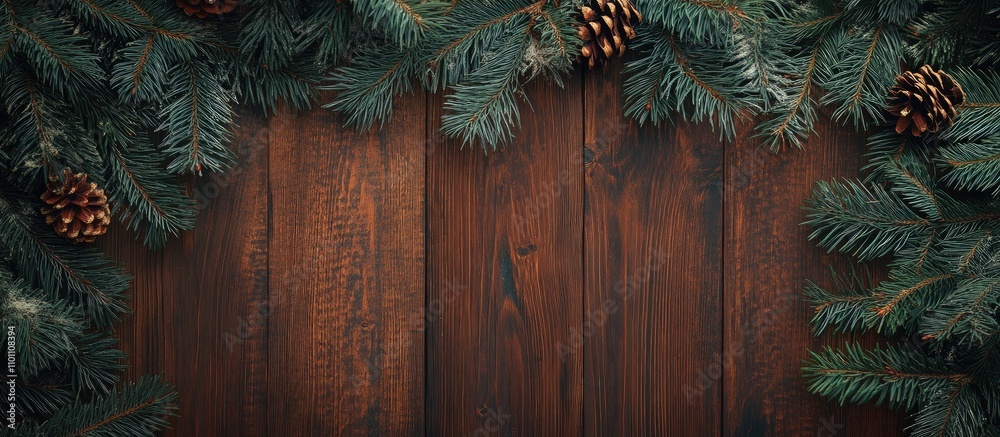 Poster Merry Christmas text on rustic wooden background adorned with fir branches and pine cones creating a festive holiday atmosphere