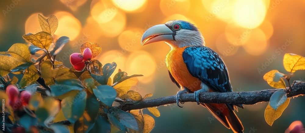 Poster southern yellow-billed hornbill perched on a branch with vibrant foliage and soft golden sunlight cr