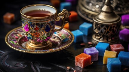 Fototapeta premium Traditional Turkish coffee in ornate cup with vibrant Turkish delight sweets on dark surface elegant presentation and cultural richness