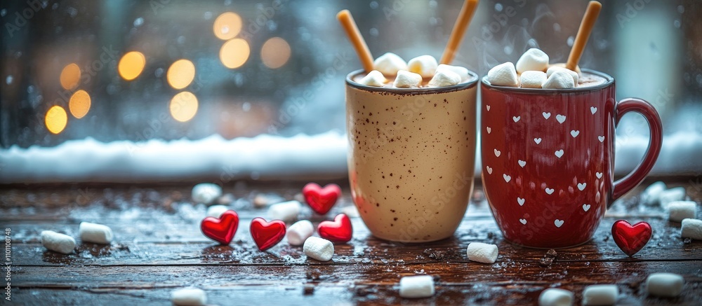 Poster warm cozy drinks with marshmallows and caramel in festive cups on a rustic wooden table by the windo