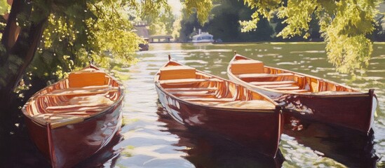 Obraz premium Sunlit wooden punts resting gently on a serene river surrounded by lush greenery during a peaceful summer day.