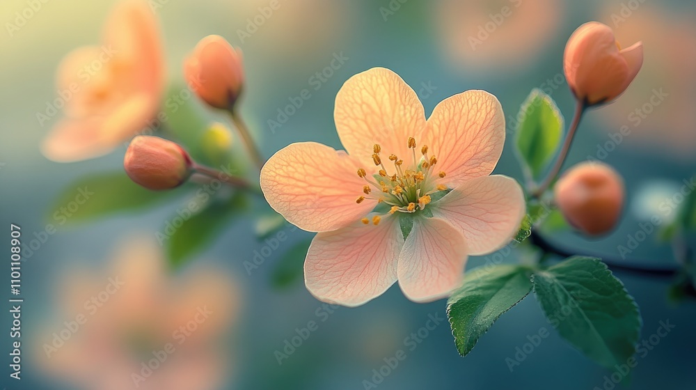 Poster delicate spring flower blossom with buds on a lush green background showcasing vibrant colors and so
