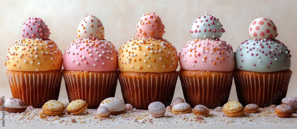 Poster colorful easter cupcakes topped with icing and sprinkles arranged on a light background with decorat