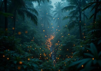 Fototapeta premium Mysterious path illuminated by glowing particles in dense tropical forest during twilight