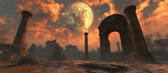 Majestic sunset over ancient ruins with fairy chimneys illuminated by a dramatic sky and the glowing moon highlighting the landscape.
