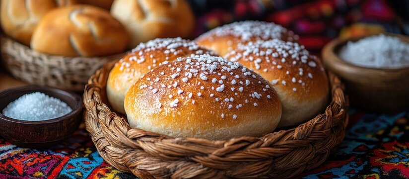 Traditional bread and salt displayed in a woven basket on a colorful rushnik with additional rolls and salt in rustic bowls.