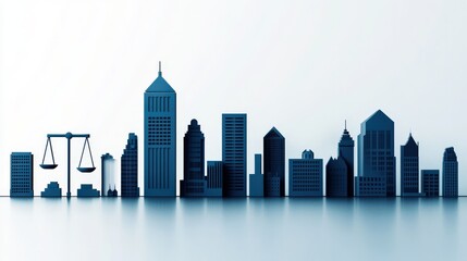 Fototapeta premium Urban Skyline Silhouette with Symbol of Justice, Illustrations of Cityscape, Architecture, and Legal Themes Representing Law and Order in Urban Environment
