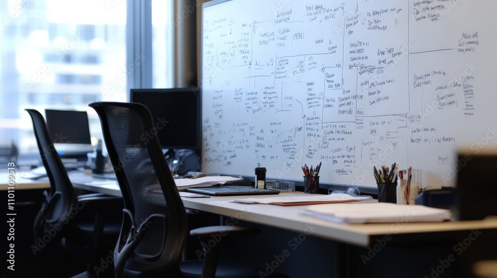 Poster modern office space featuring whiteboard with handwritten notes and graphs, empty chairs, and organi
