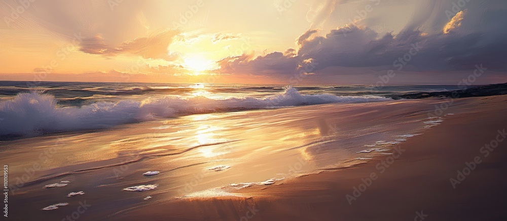 Aufkleber Serene sunset over the beach with reflections and shadows creating a tranquil atmosphere on the shimmering sea.