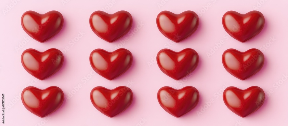 Poster twelve glossy red heart candies symmetrically arranged on soft pink background for romantic themes a