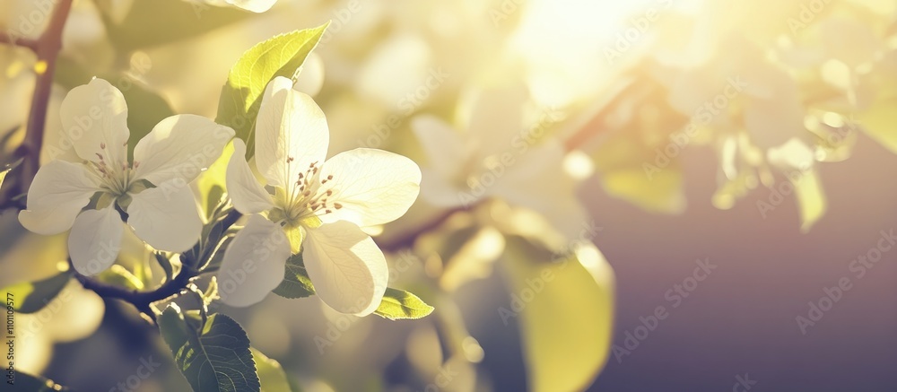 Poster Sunny spring backdrop with blooming white apple tree flowers in an abstract blurred orchard setting creating a serene natural atmosphere.