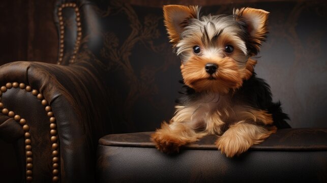Yorkshire Terrier puppy resting on a vintage leather chair in a cozy indoor setting - Powered by Adobe