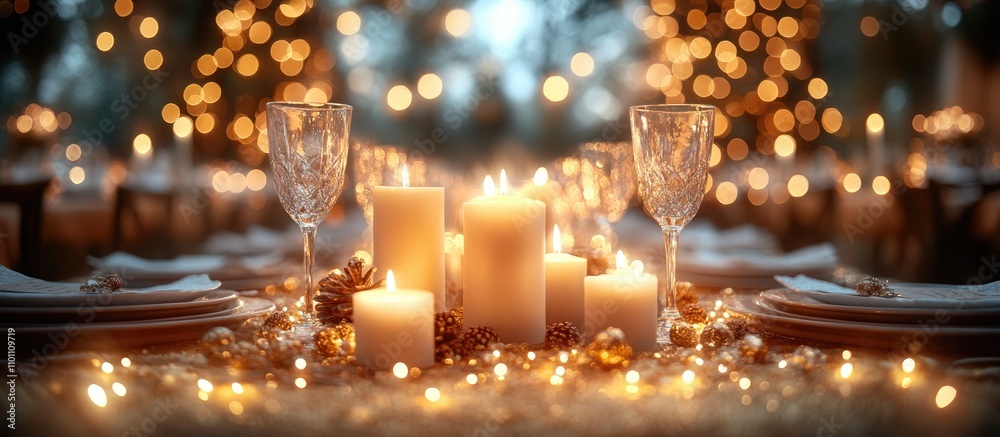 Aufkleber festive table setting with golden tablecloth candles and sparkling lights creating a warm and elegan