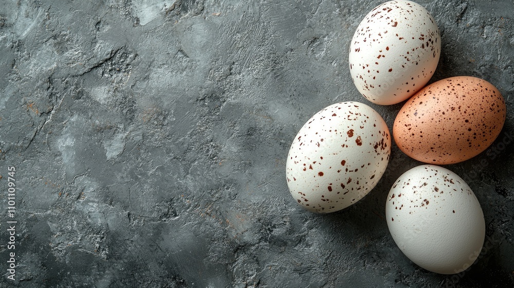 Aufkleber top view of fresh speckled quail eggs and white eggs on a textured gray background showcasing health