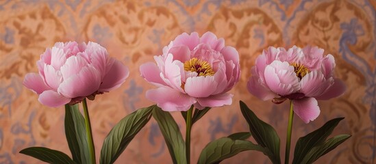 Fototapeta premium Three beautiful pink peonies arranged elegantly against a vintage decorative backdrop creating a serene floral composition.