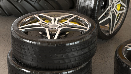 Stack of Sports Car Alloy Wheels Set