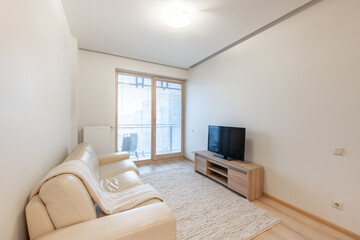 Modern Home Apartment Living Room. Luxurious Stylish Modern Apartment. Scandinavian Design. Couch at TV Screen. Carpet. Windows and LED Light.