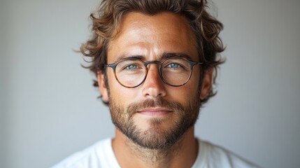 Obraz premium Confident young man with glasses showcasing a thoughtful expression against a minimalist background for lifestyle and portrait themes.