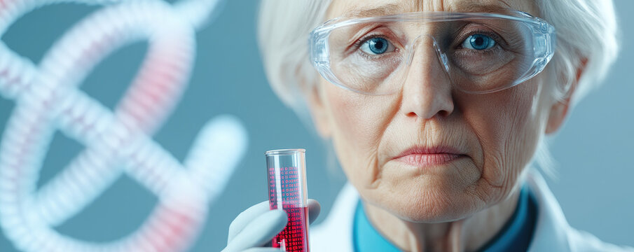 Senior scientist examining DNA autoradiogram and test tube, immersed in research and discovery within a state-of-the-art laboratory environment