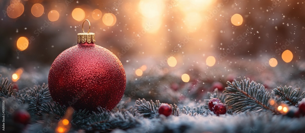 Poster festive red christmas ornament on snowy evergreen ground with soft glowing bokeh lights creating a m