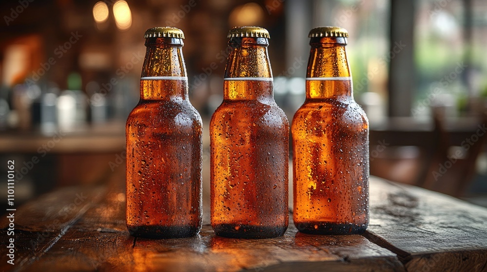 Aufkleber Three chilled beer bottles with condensation displayed on a rustic wooden table in a cozy bar setting