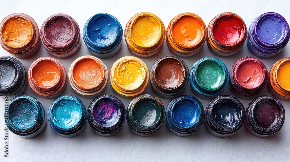 Poster assorted vibrant oil paint tubes arranged neatly on a white background showcasing a colorful palette