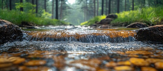 Flowing river surrounded by lush greenery and trees in a serene natural landscape during daylight.