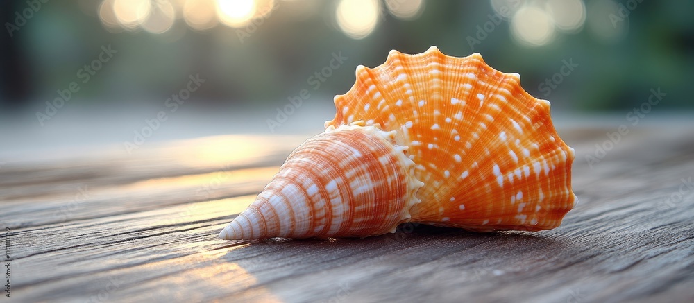 Aufkleber close-up of a vibrant orange sea shell resting on a rustic wooden table with soft natural lighting i