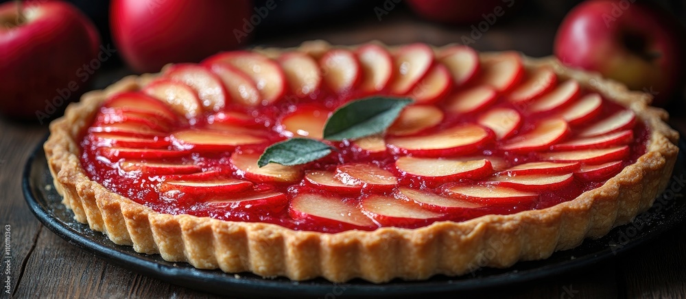 Poster delicious apple tart garnished with fresh apple slices and a glossy red glaze on a rustic wooden sur