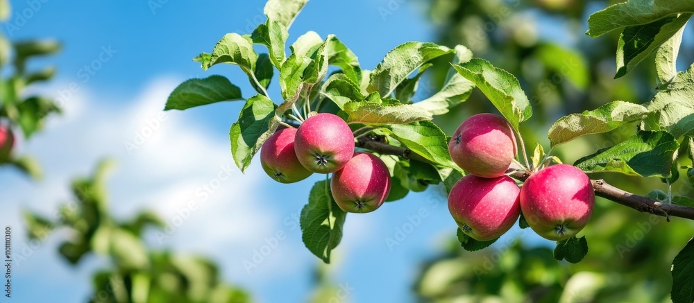 Poster blooming apple tree branch with ripe pink apples set against a bright blue sky creating a serene and