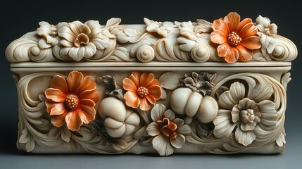Decorative gypsum casket adorned with intricate floral carvings ideal for storing small treasures and enhancing vintage decor