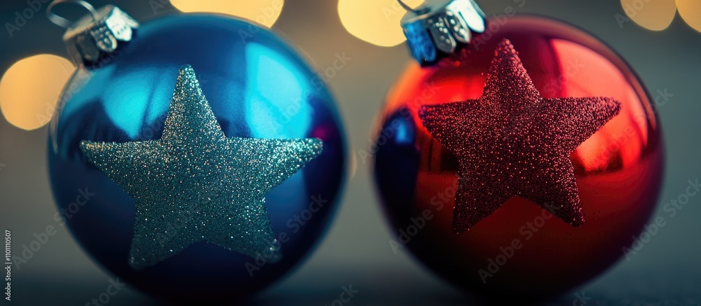 Poster close up of blue and red holiday ornaments with star designs surrounded by soft bokeh lights creatin
