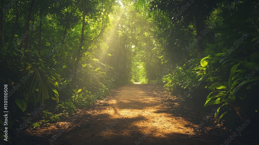 Poster a serene forest path illuminated by sunlight filtering through lush green foliage, creating a tranqu