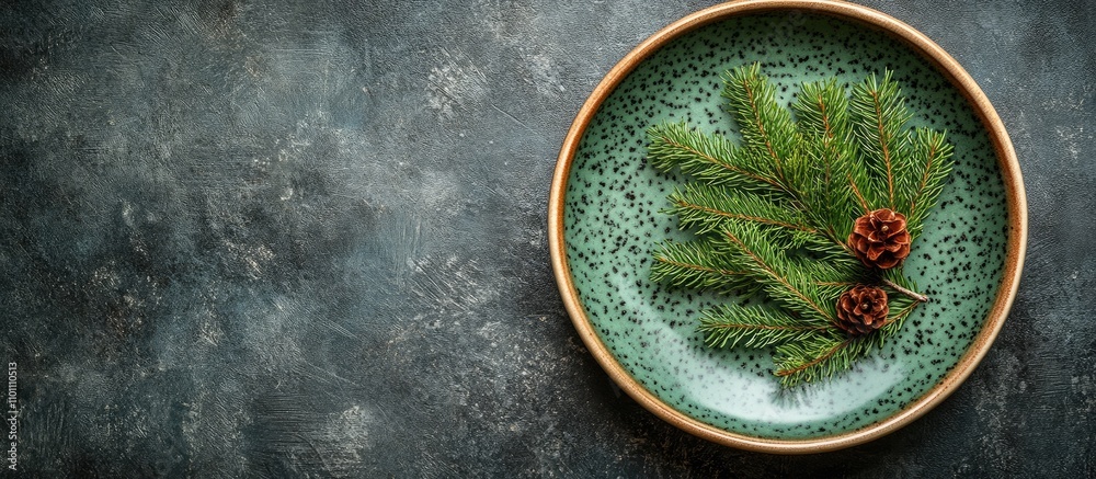 Poster holiday dinner plate featuring fresh fir branches and pine cones on a rustic background creating a f