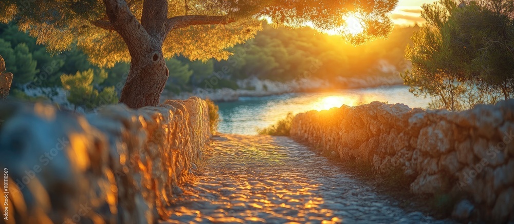 Poster Scenic sunset view along the cobblestone path in Binibeca with trees and tranquil waters in the background