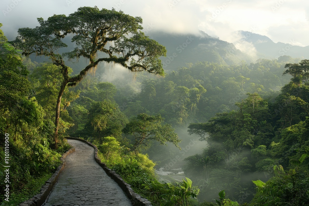 Poster lush greenery envelops a winding path through a misty jungle, showcasing a serene landscape filled w