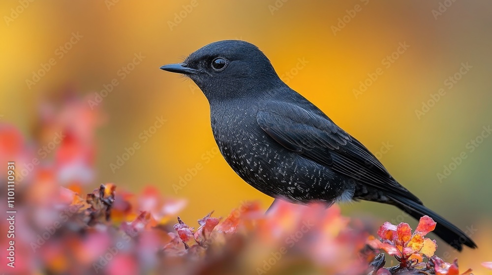Poster common swift perched on vibrant foliage in a soft focus background showcasing its sleek black plumag