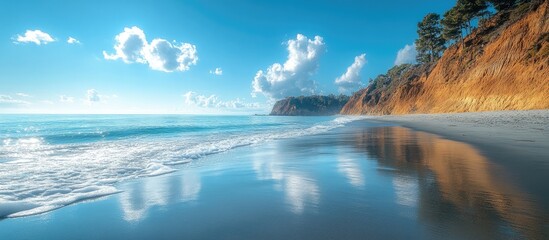 Naklejka premium Scenic beach landscape with clear blue skies reflecting on tranquil waters and dramatic cliffs in the background during a sunny day