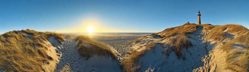 Fototapeta premium Serene Coastal Sunrise with Lighthouse, Dune Grass, and Clear Sky over Peaceful Beach Landscape at Dawn