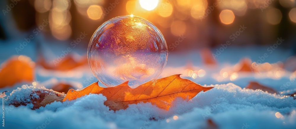 Poster frozen soap bubble resting on autumn leaves amidst snow with soft sunset glow creating a magical win