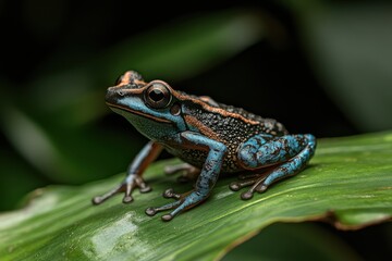 Fototapeta premium A vibrant blue and brown frog rests on a green leaf amid lush foliage, showcasing its intricate patterns and textures.