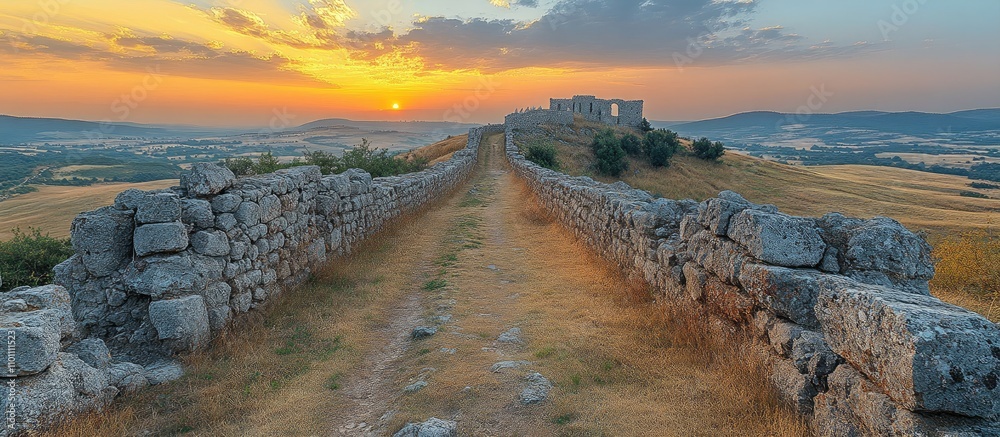 Poster Sunset over ancient stone walls leading to a historic arena with rolling hills and fields in the background