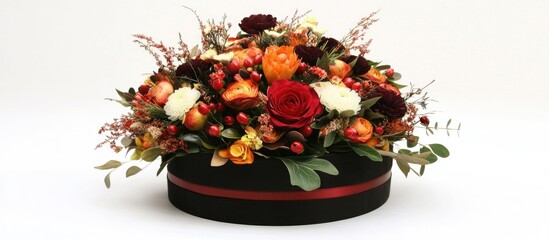 Fototapeta premium Elegant floral display in a stylish black hatbox featuring vibrant roses and seasonal blooms on a neutral background.