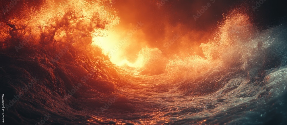 Aufkleber Dynamic ocean waves illuminated by a fiery glow creating a dramatic and powerful natural scene perfect for atmospheric visuals.