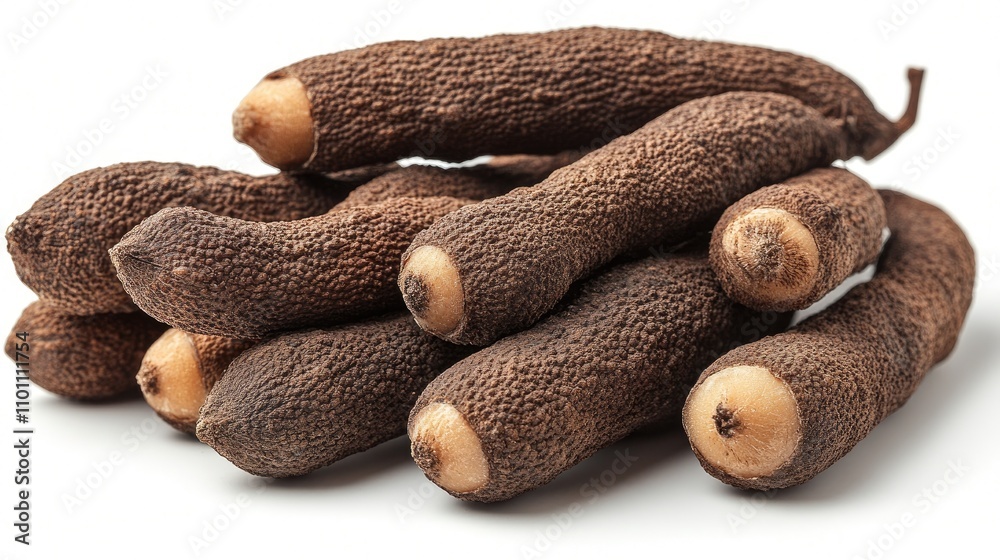 Poster tamarind pods arranged artistically on a clean white background showcasing their unique texture and 