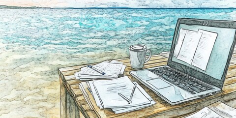 Obraz premium A serene workspace by the beach with a laptop, papers, and a coffee cup.