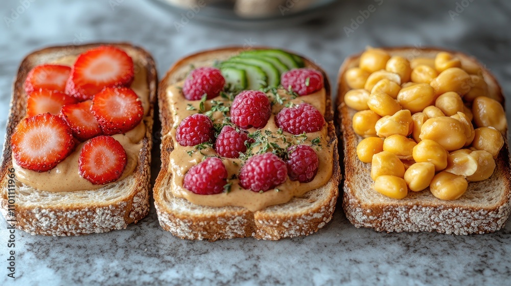 Aufkleber Peanut butter toast variations with fresh fruits and nuts displayed on a kitchen counter for a vibrant breakfast scene