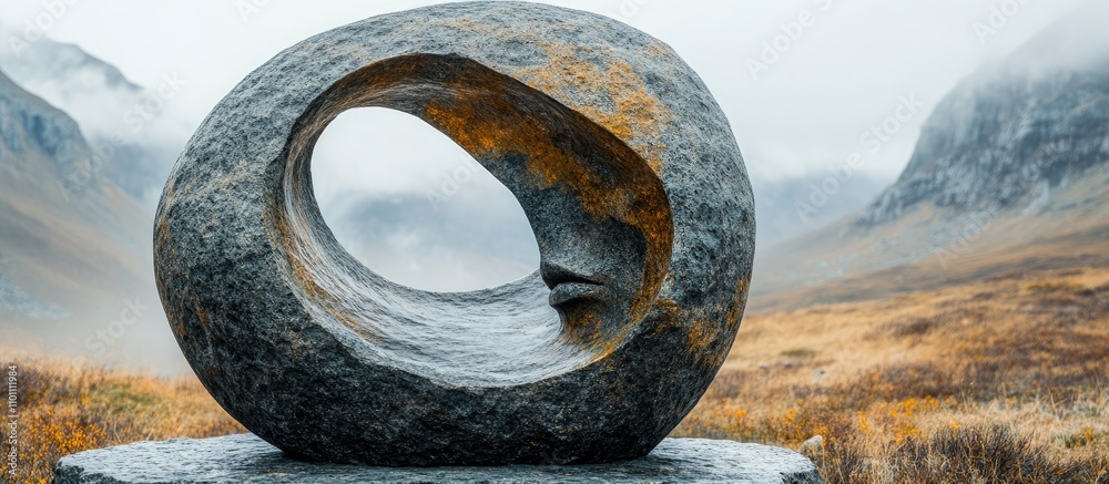 Poster stone sculpture set against misty mountains with a cloudy sky creating a serene and contemplative ou