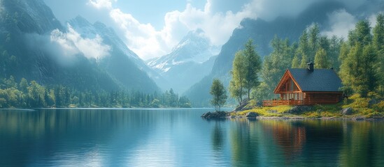 Obraz premium Serene mountain landscape with a cozy chalet reflecting in calm waters surrounded by lush greenery and majestic peaks.